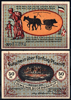 Зюдербраруп (Пруссия, Шлезвиг-Гольштейн) 50 пфеннигов 1921 Mehl Grabowski 1294.7c-7/8 бумага UNC (пресс) 7556-63-1-2