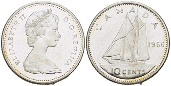 Канада 10 центов 1966 Елизавета II (1952-2022), парусник KM 61 серебро UNC 206-243