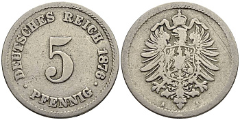ГЕРМАНИЯ 5 ПФЕННИГОВ 1876 А, СТАРОГЕРБОВКА KM 3, Jager 3, Weege 5 медно-никель 4546-1037