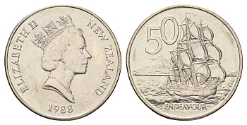 Новая Зеландия 50 центов 1988 Елизавета II (1952-2022), парусник Индевор KM 63 медно-никель 4672-323
