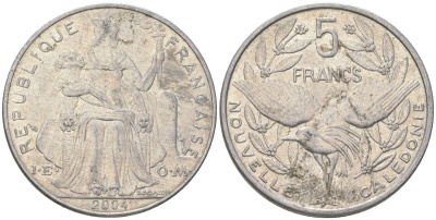 Французская Новая Каледония 5 франков 2004 птица кагу, (IEOM) KM 16, Schoen 12, Lec 81i алюминий 3460-121