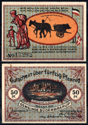 Зюдербраруп (Пруссия, Шлезвиг-Гольштейн) 50 пфеннигов 1921 Mehl Grabowski 1294.7c-7/8 бумага UNC (пресс) 7556-63-1-2