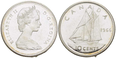 Канада 10 центов 1966 Елизавета II (1952-2022), парусник KM 61 серебро UNC 206-243