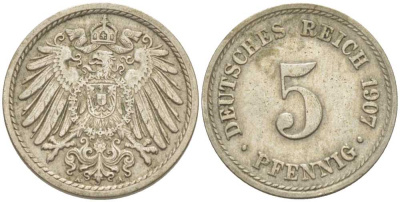 ГЕРМАНИЯ 5 ПФЕННИГОВ 1907 A KM 11, J. 12, Weege 6 медно-никель 206-949