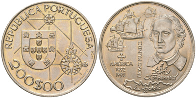 Португалия 200 эскудо 1992 Новый мир - Америка KM 660 медно-никель UNC 74-331