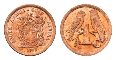 ЮАР 1 цент 1992 герб, капские воробьи KM 132 сталь плакированная медью UNC 4694-114
