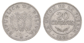 Боливия 20 сентаво 1987 KM 203 нержавеющая сталь 4649-841