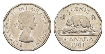 Канада 5 центов 1961 Елизавета II (1952-2022), бобр KM 50a никель 4636-562