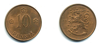 Финляндия 10 пенни 1919 KM 24 медь 37-248