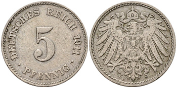 Германия 5 пфеннигов 1911 J KM 11, Jager 12, Weege 6 медно-никель 4151-527