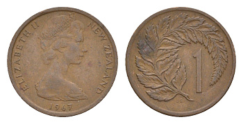 Новая Зеландия 1 цент 1967 Елизавета II (1952-2022), лист папоротника KM 31.1 бронза 4655-1131
