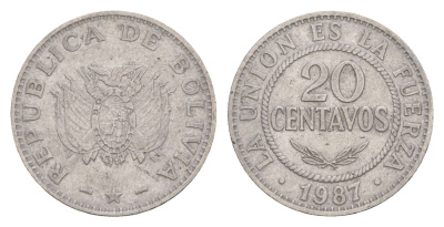Боливия 20 сентаво 1987 KM 203 нержавеющая сталь 4649-841