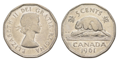 Канада 5 центов 1961 Елизавета II (1952-2022), бобр KM 50a никель 4636-562