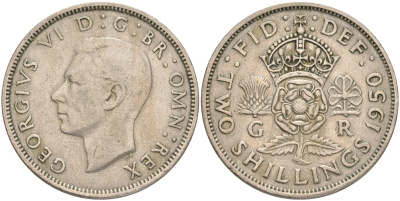 Великобритания 2 шиллинга (флорин) 1950 Георг VI (1936-1952) KM 878, Spink 4107 медно-никель 189-625