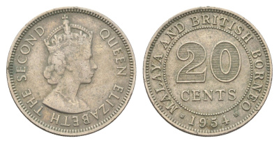 Британская Малайя 20 центов 1954 Елизавета II (1952-2022) KM 3 медно-никель 4662-435