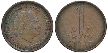 НИДЕРЛАНДЫ 1 ЦЕНТ 1967 ЮЛИАНА KM 180 бронза 45-458