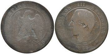 ФРАНЦИЯ 10 САНТИМОВ 1855 A, НАПОЛЕОН III (1852-1870) KM 771.1 бронза 56-1253