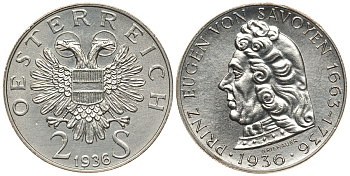 Австрия 2 шиллинга 1936 200 лет со дня смерти принца Евгения Савойского KM 2858 серебро 413-6631