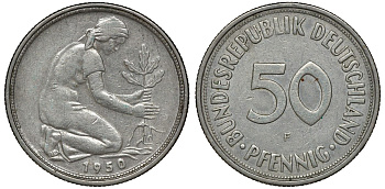 ФРГ 50 ПФЕННИГОВ 1950 F KM 109.1, J. 384 медно-никель 72-1017