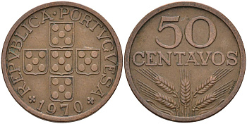 Португалия 50 сентаво 1970 KM 596 бронза 4126-551