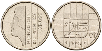 Нидерланды 25 центов 1990 Беатрикс (1980-2013) KM 204 никель    4598-442