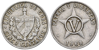 Куба 5 сентаво 1968 KM 34, JMA 44, Y 28, Schoen 32 алюминий 4114-221
