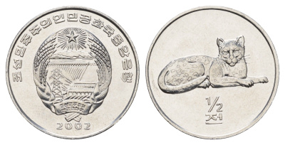 КНДР 1/2 чона 2002 мир животных - леопард KM 185 алюминий UNC 3856-214