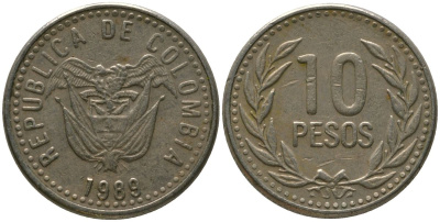 Колумбия 10 песо 1989 KM 281.1 медь цинк никель 4528-815
