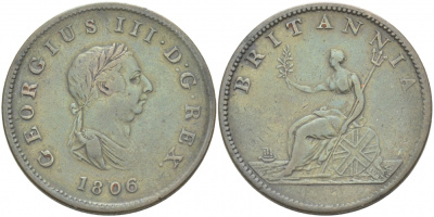Великобритания 1/2 пенни 1806 Георг III (1760-1820) KM 662, Spink 3781 медь 1515-2211
