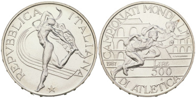 Италия 500 лир 1987 R, Чемпионат мира по лёгкой атлетике 1987 KM 122 серебро BU 4367-841