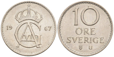 Швеция 10 эре 1967 U, Густав VI Адольф (1950-1973) KM 835 медно-никель UNC 4585-357