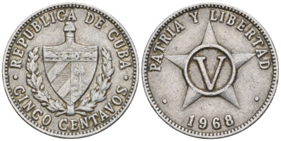 Куба 5 сентаво 1968 KM 34, JMA 44, Y 28, Schoen 32 алюминий 4114-221