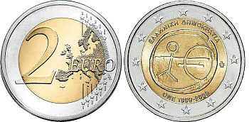 Греция 2 евро 2009 10 лет монетарной политики ЕС (EMU) и введения евро KM 227 биметалл UNC M44-16