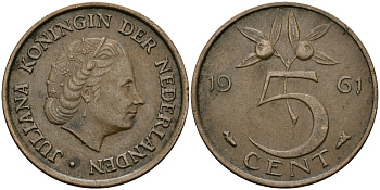 НИДЕРЛАНДЫ 5 ЦЕНТОВ 1961 ЮЛИАНА KM 181 бронза 95-347