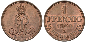 Ганновер 1 пфенниг 1860 B, Георг V KM 233, AKS 156, J. 90 медь 4594-258
