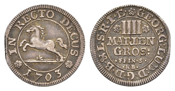 Брауншвейг-Каленберг-Ганновер 4 мариенгроша 1703 HB, Георг I (1698-1727), из коллекции Ричарда Б. Смита Welter 2197, KM 33 серебро 1525-613