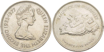 Гернси 25 пенсов 1977 25 лет правления Елизаветы II, крепость KM 31 медно-никель 4527-515