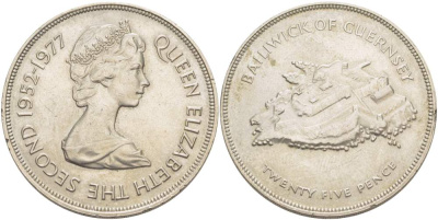 Гернси 25 пенсов 1977 25 лет правления Елизаветы II, крепость KM 31 медно-никель 4527-515