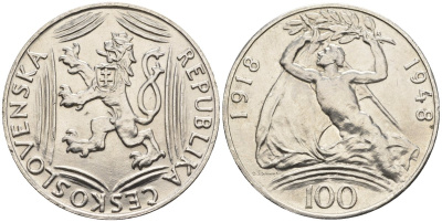 Чехословакия 100 крон 1948 30 лет независимости KM 27 серебро UNC 87-1035