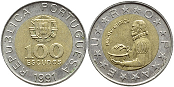 Португалия 100 эскудо 1991 Педру Нуниш (1502-1578), математик KM 645.1 биметалл 4395-952