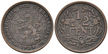 Нидерланды 1/2 цента 1928 Вильгельмина (1890-1948) KM 138 бронза 4576-511