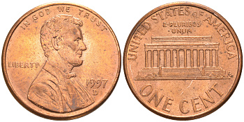 США 1 ЦЕНТ 1997 D ЛИНКОЛЬН KM 201b цинк плакированный медью UNC 187-753