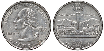 США 25 центов (квотер) 2007 D, серия штаты США, Юта KM 400 медь плакированная медно-никелем 4541-332