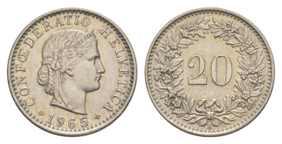 Швейцария 20 раппенов 1965 B KM 29a медно-никель 4625-1132