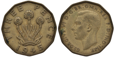 Великобритания 3 пенса 1945 Георг VI (1936-1952) KM 849, Spink 4112 никель латунь 4538-1122