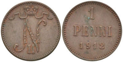 Россия для Финляндии 1 пенни 1912 Николай II (1894-1917) KM 13, Биткин 472 медь 4396-1357