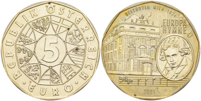 Австрия 5 евро 2005 10 лет вступления Австрии в ЕС, Бетховен, гимн ЕС KM 3120 серебро UNC 11-183-24