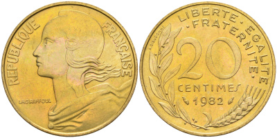 Франция 20 сантимов 1982 тип Марианна KM 930 медь алюминий никель 4116-535