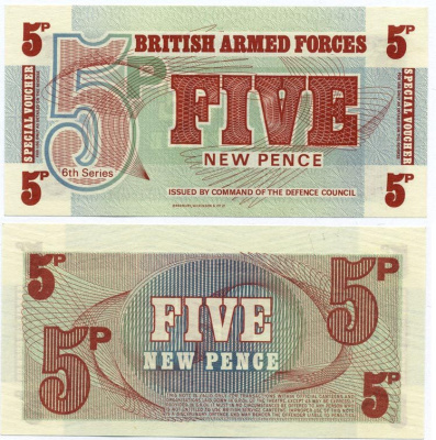 АНГЛИЯ 5 ПЕНСОВ 1972 ДЛЯ ВООРУЖЕННЫХ СИЛ, ШЕСТАЯ СЕРИЯ Pick M44 бумага UNC (ПРЕСС) 7486-30-1-1