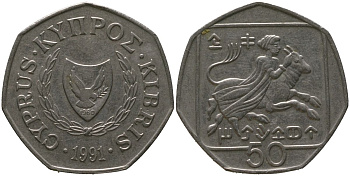 Кипр 50 центов 1991 похищение Европы KM 66 медно-никель 4402-522
